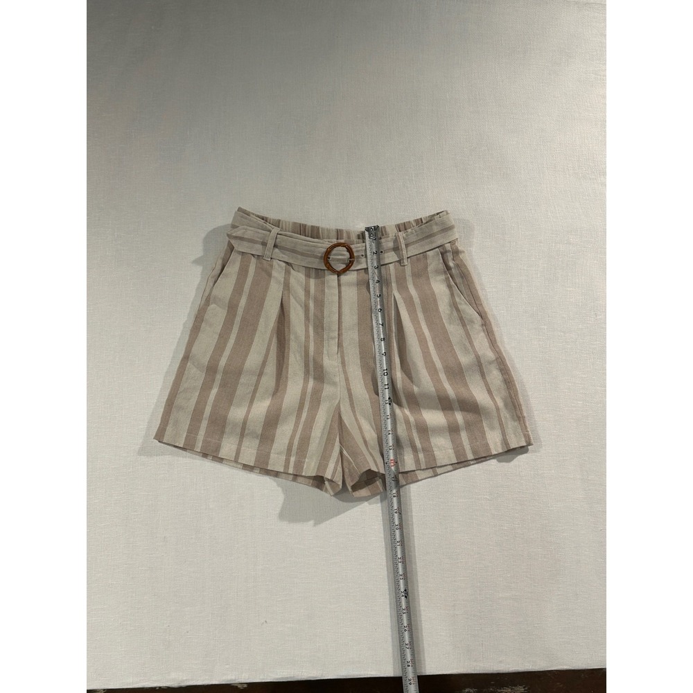VICI Womens Large Tan White Striped Linen Blend Belted High‎ Rise Shorts - Picture 4 of 8